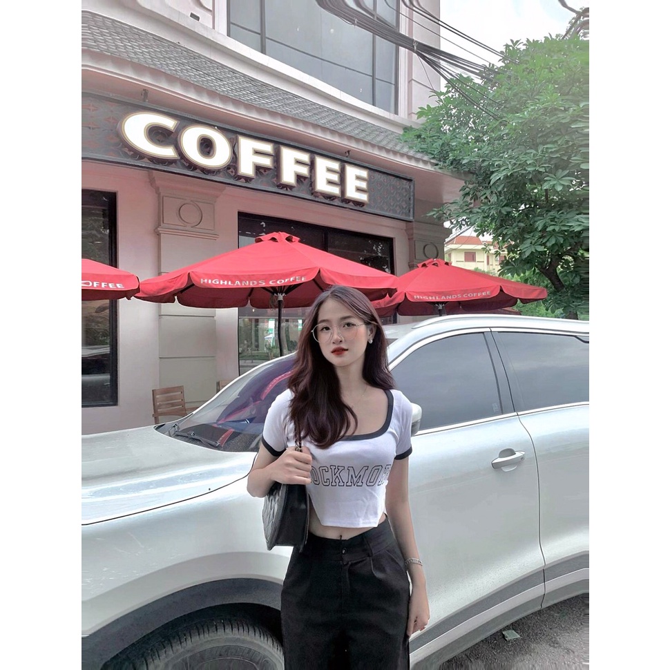 Áo Croptop Cổ Vuông Tay Ngắn In Chữ ROCKMORE Áo Kiểu Croptop Vạt Yếm Phía Sau Lưng MIMILA MA038
