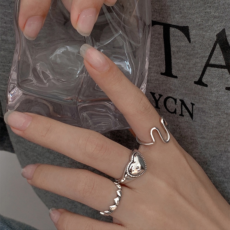 Bộ Nhẫn Bạc Gợn Sóng Hình Trái Tim Phong Cách Cổ Điển Thời Trang Cho Nữ