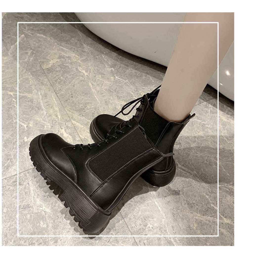 Boot Nữ Martin Cổ Cao Ulzzang Độn Đế, Giày Bốt Buộc Dây Da Lì, Da Bóng Phong Cách Hàn Quốc Mẫu Mới 2021
