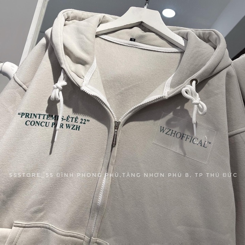 Áo khoác hoodie zip WZHOFFICAL có nón vải nỉ bông màu xám form rộng unisex nam nữ_ SSSTore