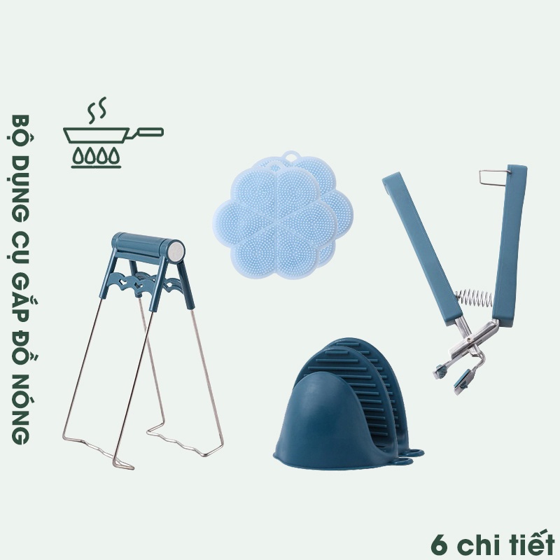 Bộ Dụng Cụ Gắp Bát đĩa Chống Nóng - Găng Tay Bắc Nồi - Miếng Rửa Chén Bát Silicon - 6 Chi Tiết Cực đa Năng