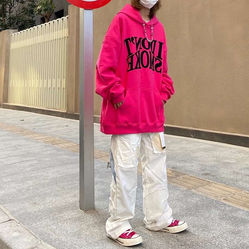 Áo hoodie chữ I DONT SMOKE màu hồng đậm unisex nam nữ cá tính hip hop Châu Âu