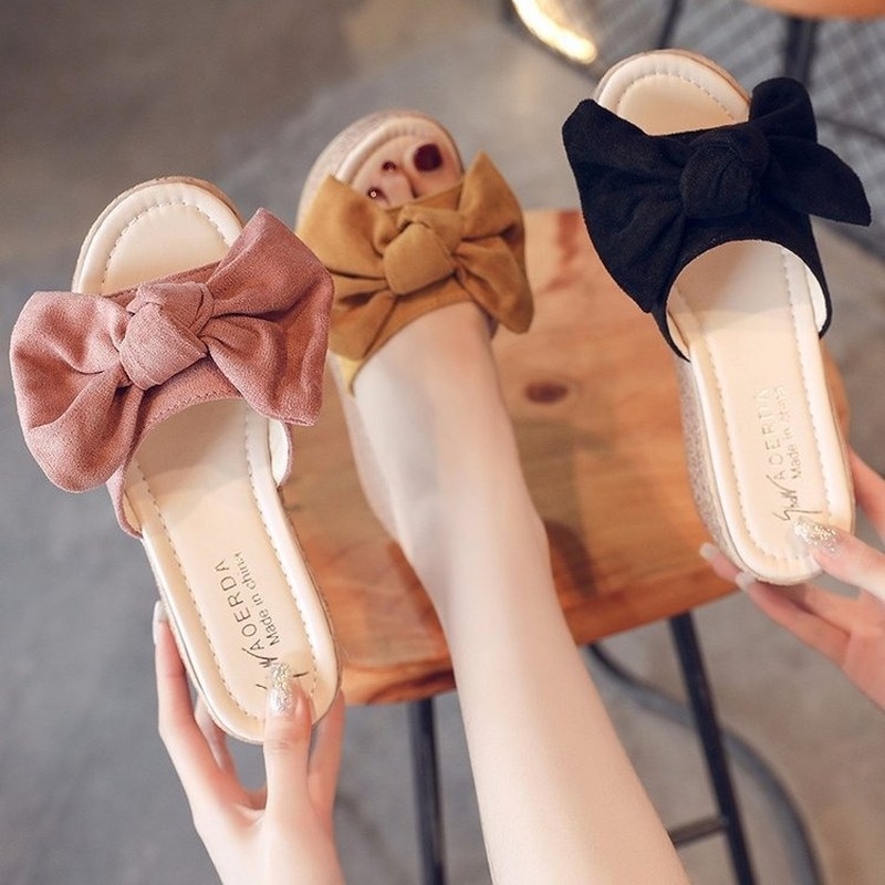 Dép đế xuồng đính nơ cỡ 7cm phong cách mùa hè thời trang cho nữ