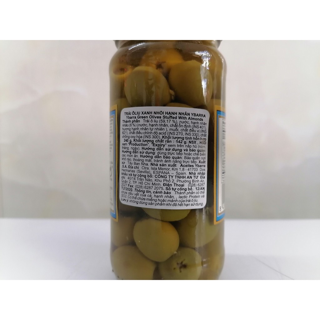[240g – Hạnh nhân] Trái ô liu xanh nhồi [Spain] YBARRA Green Olives Stuffed with Almond (atu-hk)