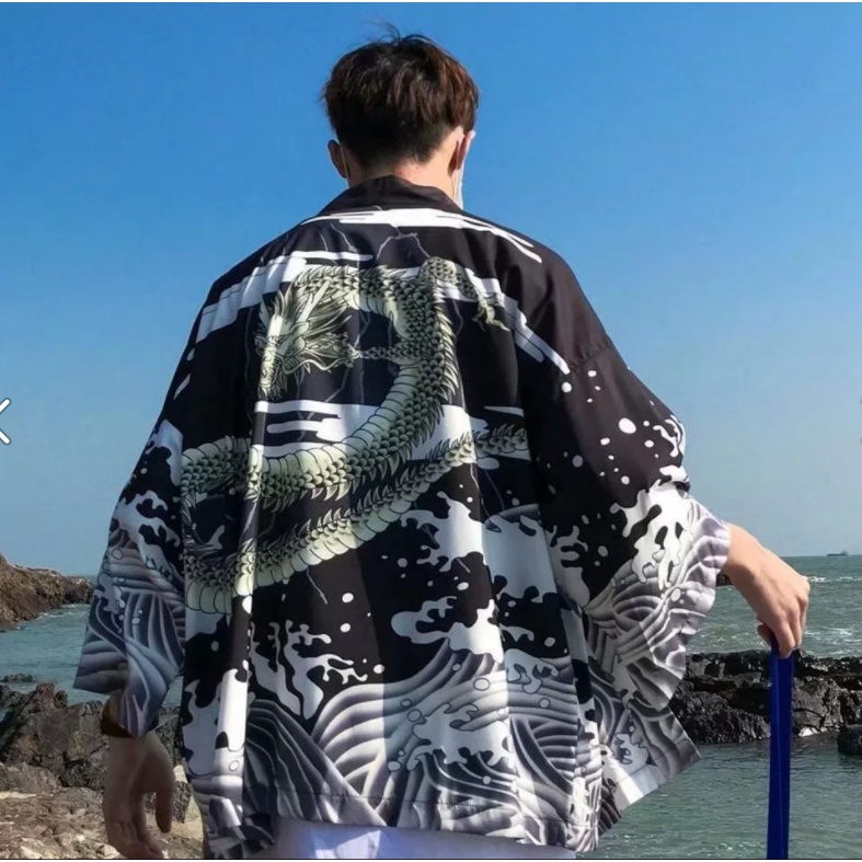 Áo Khoác Kimono Tay Lỡ Chất Lụa Lạnh Mỏng Dáng Rộng In Hình Rồng Phong Cách Trung Hoa Thời Trang Cho Cặp Đôi 2022