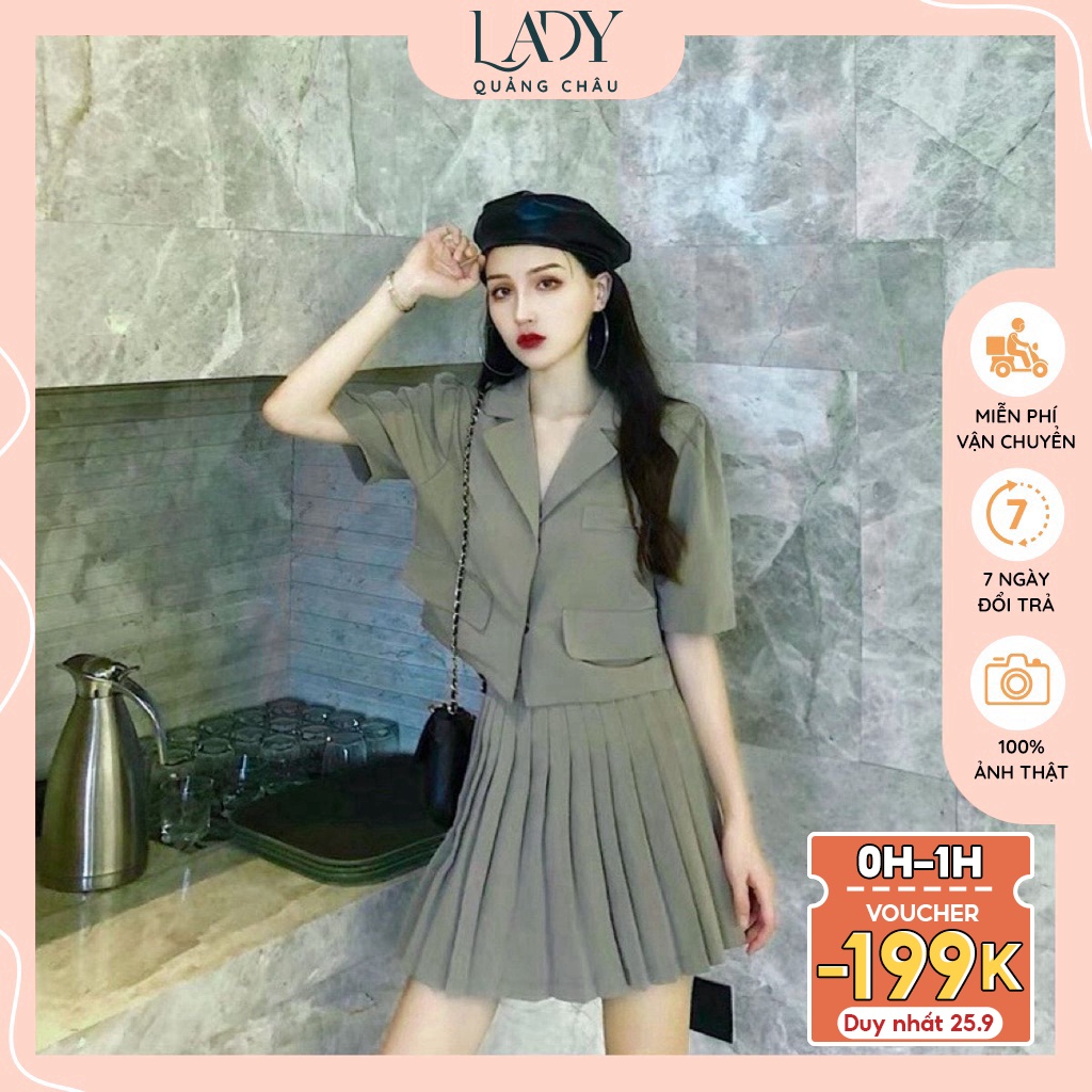 Sét áo vest croptop và chân váy xếp ly, Bộ áo chân váy tennis dáng ngắn kiểu hàn màu xanh rêu