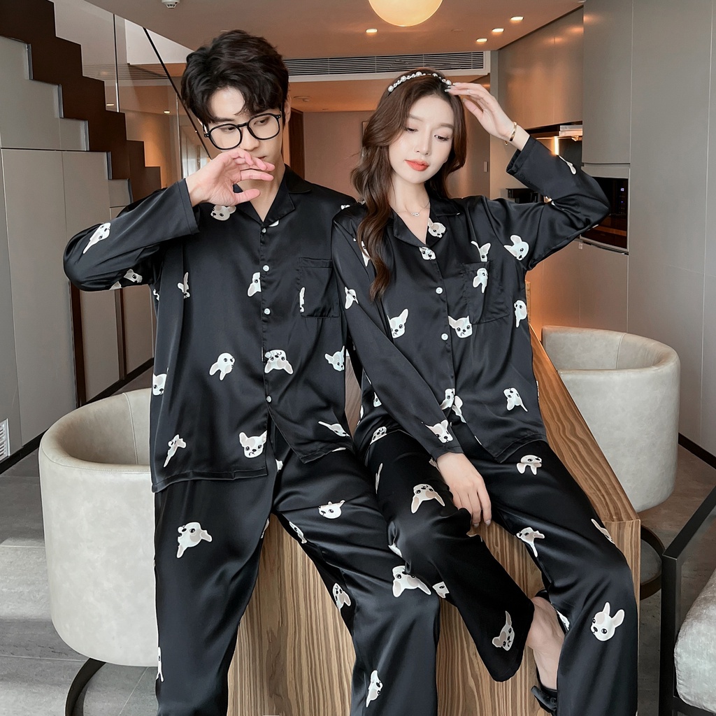 Bộ Đồ Ngủ Tay Dài Chất Lụa Lạnh In Họa Tiết Hoạt Hình Cún Dễ Thương Thời Trang Mùa Thu Cho Nam