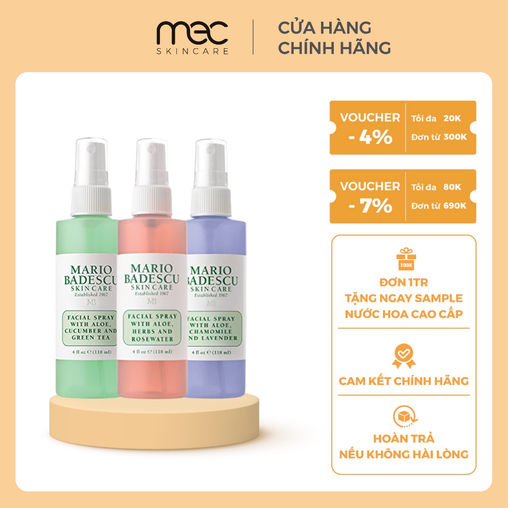 Toner thảo mộc làm sạch da Mario Badescu Aloe, Cucumber và Green Tea Giảm Mụn, Mờ Thâm  - Mecskincare