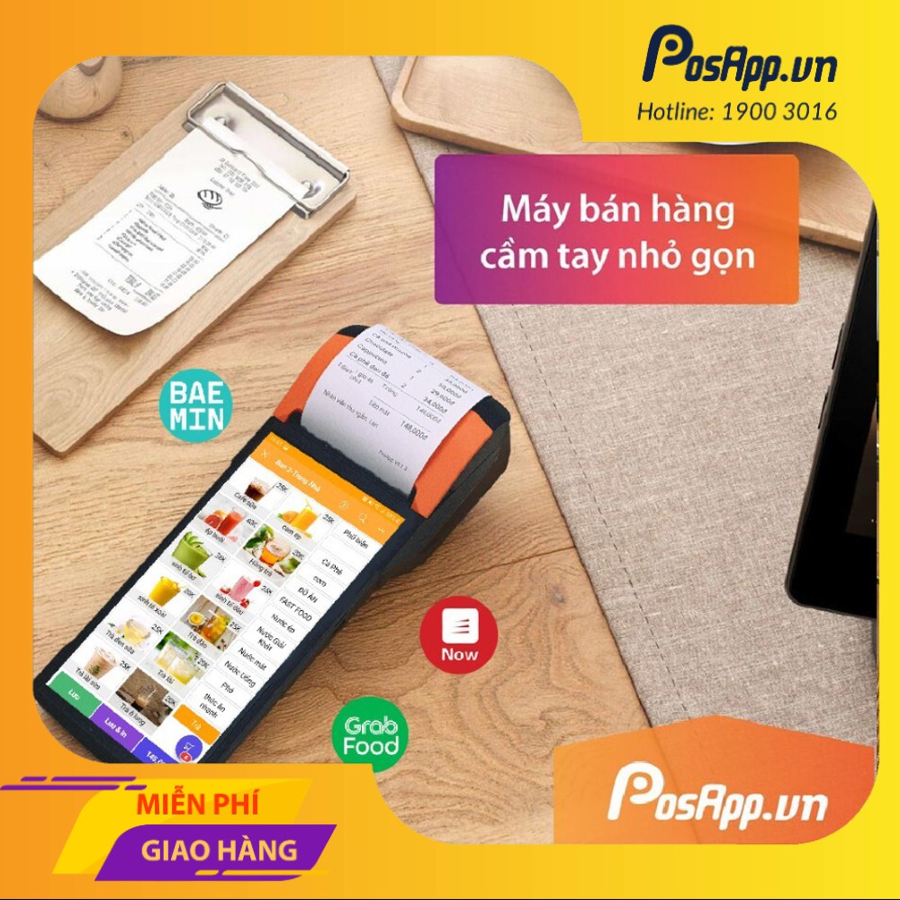 Máy POS cầm tay tích hợp máy in hóa đơn nhiệt Sunmi V2 + 3 tháng phần mềm PosApp, nhận đơn GrabFood, Baemin, shopee food