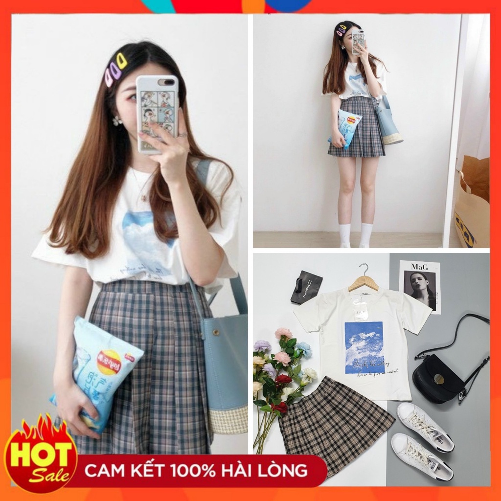 Set váy nữ,set áo thun cotton phối chân váy kẻ caro kèm lót quần