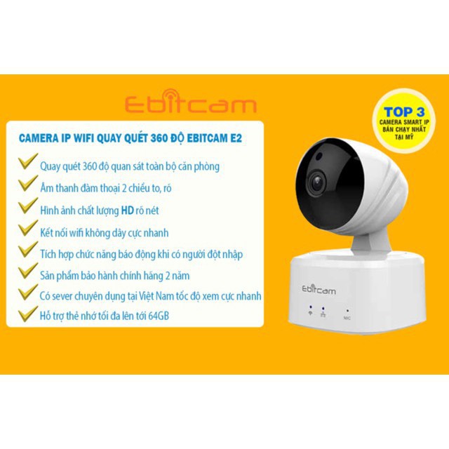 . {GÍA SỐC}Camera ip wifi không dây Ebitcam E2-1 MP(720P)Tăng khả năng lưu trữ gấp 5 lần camera thông thường BH 2 năm .