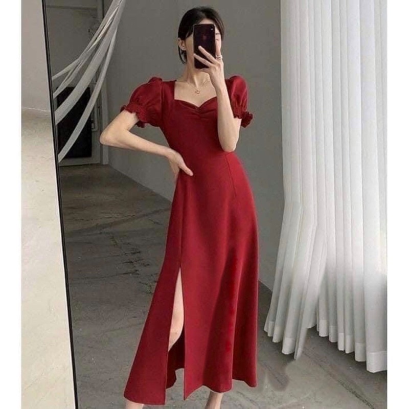 Đầm cổ vuông tay phồng nhíu ngực xẻ tà