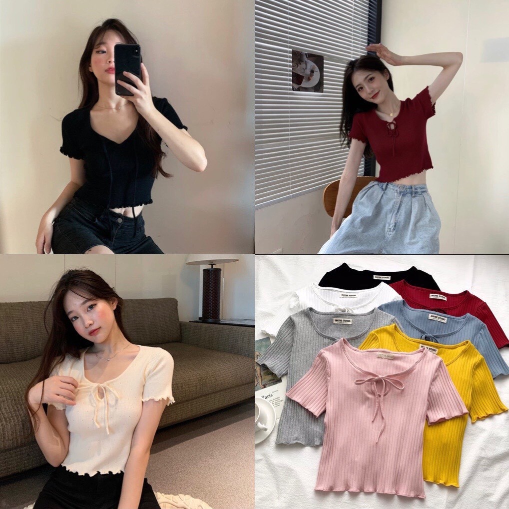 Áo croptop thun gân mềm mịn 𝗙𝗥𝗘𝗘𝗦𝗛𝗜𝗣 tay ngắn cuốn biên khoét ngực, cổ phối thắt nơ xinh xỉu