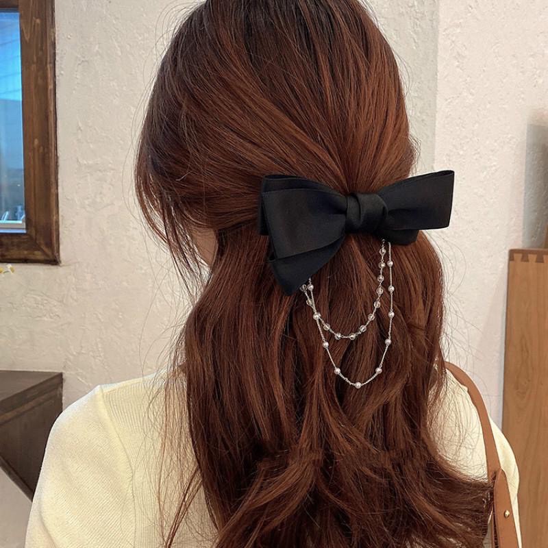 (Hot trend)Kẹp nơ đen phối dây hạt phong cách retro Tatitava