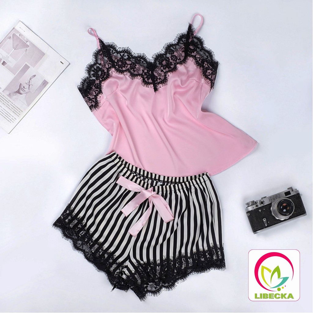 Bộ đồ ngủ Pijama nữ đẹp dễ thương quần đùi cộc áo hai dây viền Ren Sexy gọi cảm chât liệ Satin cao cấp LIBECKA BDN01