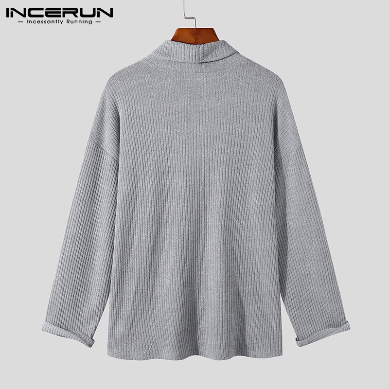 Áo Sweater INCERUN dệt kim cổ bẻ tay dài màu trơn cho nam