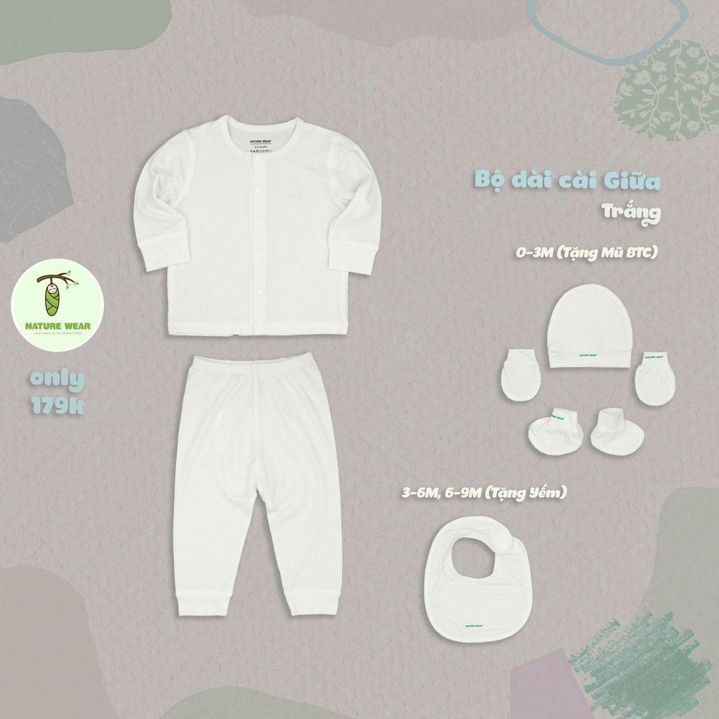 BỘ SƠ SINH DÀI TAY CÀI GIỮA SỢI TRE Nature Wear ,MỀM MẠI VÀ ẤM ÁP (Tặng kèm mũ bao tay chân hoặc yếm)