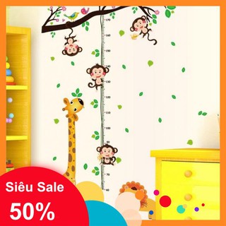 Decal Thước đo chiều cao dán tường hình khỉ và hươu cao cổ