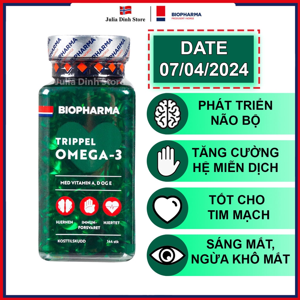 Dầu cá Omega 3 và Vitamin A,D,E BIOPHARMA Trippel nội địa Na Uy - hộp 144 viên