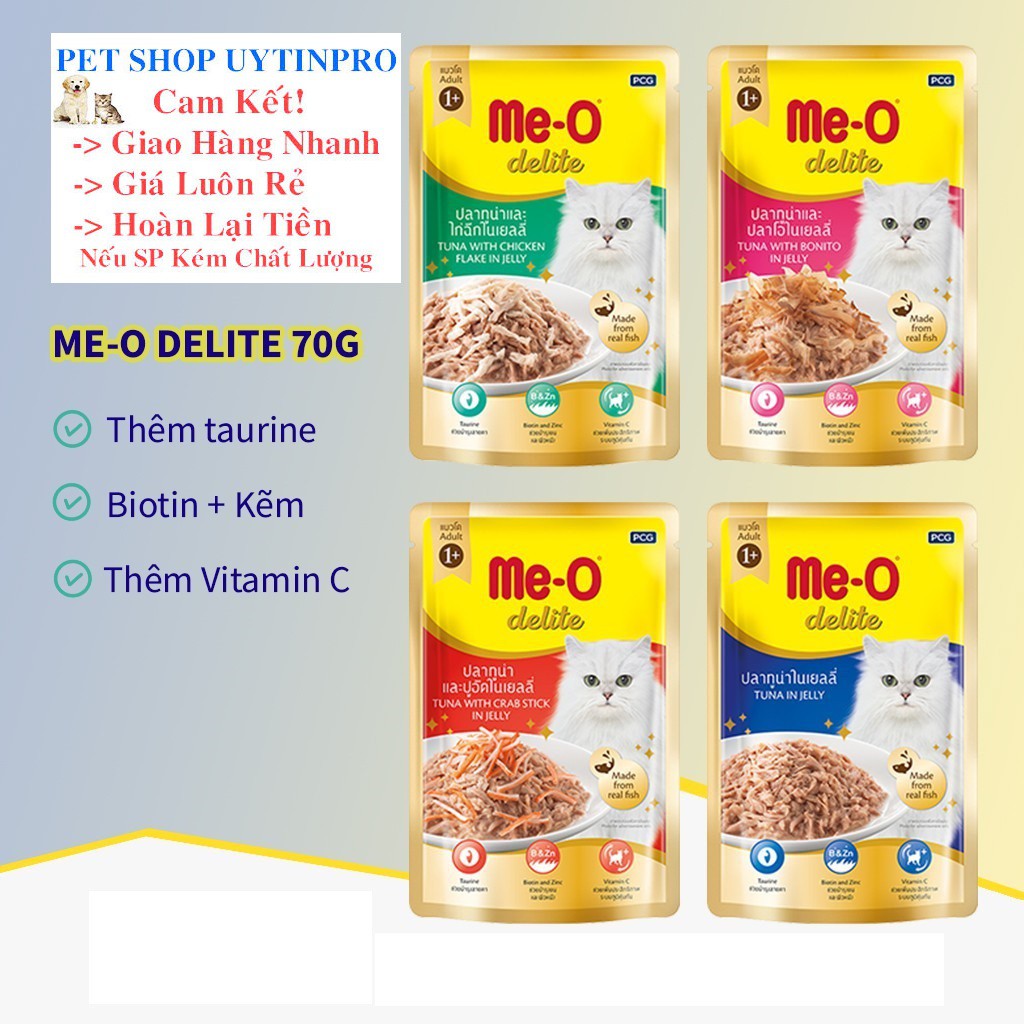 THỨC ĂN CHO MÈO Me-O delite Dạng Pate Vị cá ngừ với cá ngừ sọc dưa nấu đông Gói 70g Xuất xứ Thái Lan