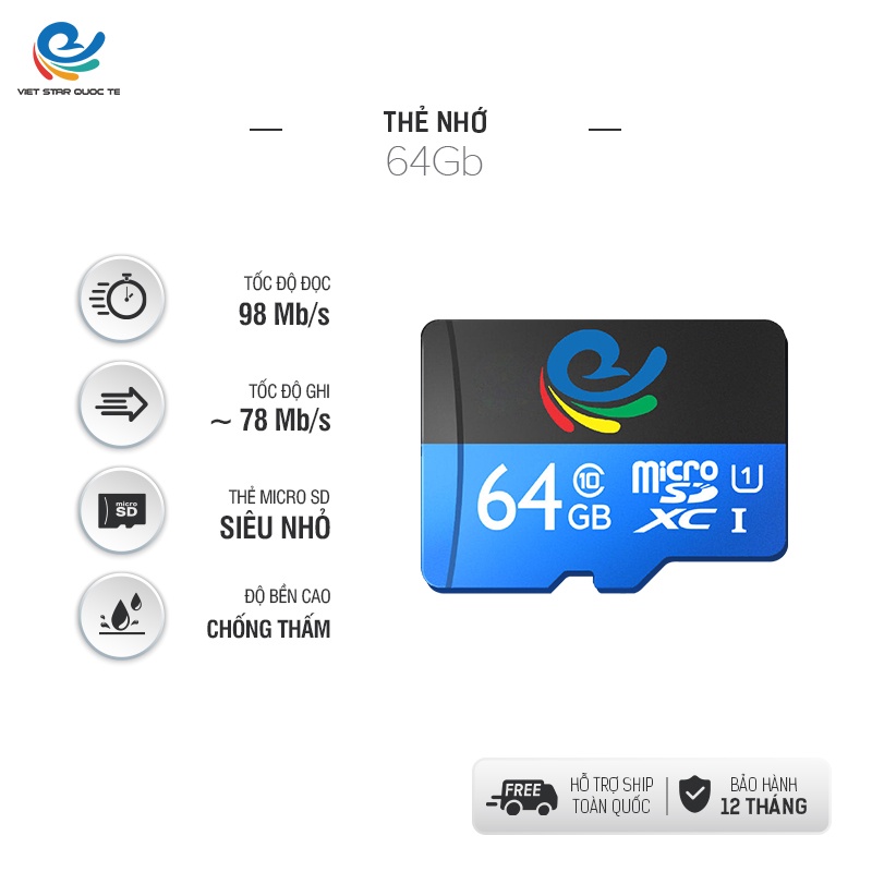 Thẻ nhớ VIỆT STAR Class 10 Micro SD Tốc độ 80MB/s- Chạy đa năng tất cả các thiêt bị- BẢO HÀNH 12 THÁNG