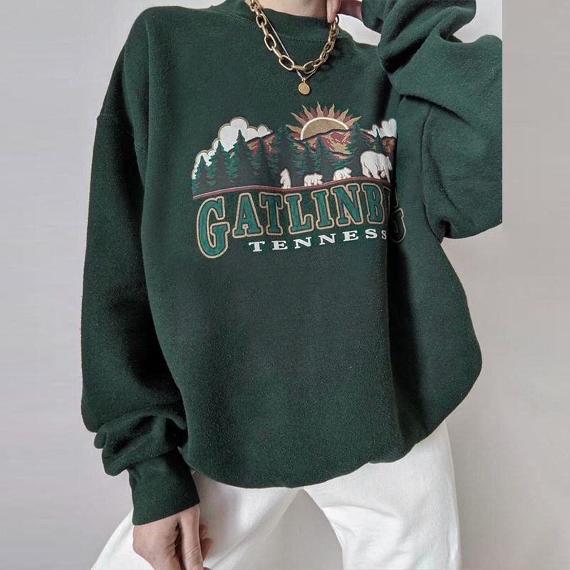 Áo sweater kiểu chui đầu dáng rộng mỏng in hình thời trang xuân thu phong cách Retro