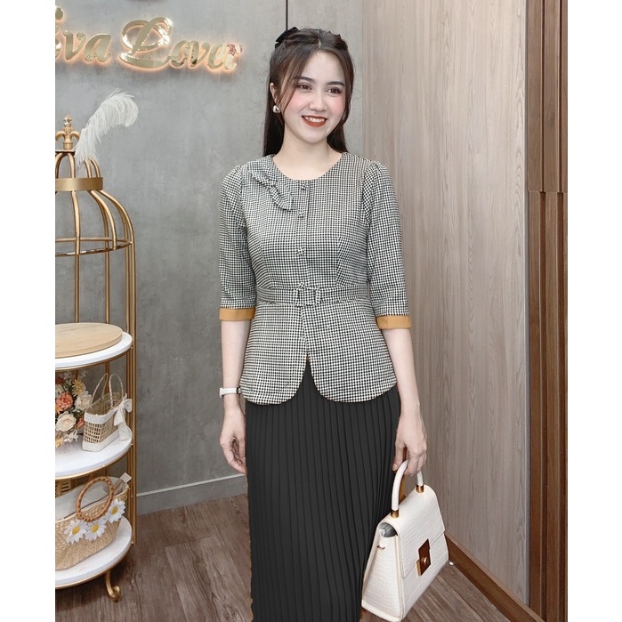 Áo sơ mi công sở nữ cổ bẻ cài nơ họa tiết kẻ chéo ngắn tay áo sơ mi nữ Evafashion