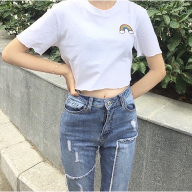 Áo thun croptop ôm thêu cầu vồng, hình thật ảnh sàn