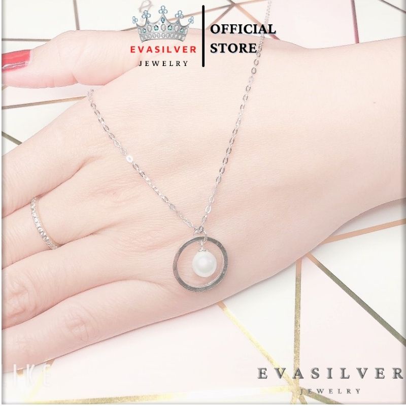 Dây chuyền bạc nữ Evasilver mặt vòng tròn đính ngọc trai bên trong, Vòng cổ chất liệu bạc ta sang trọng
