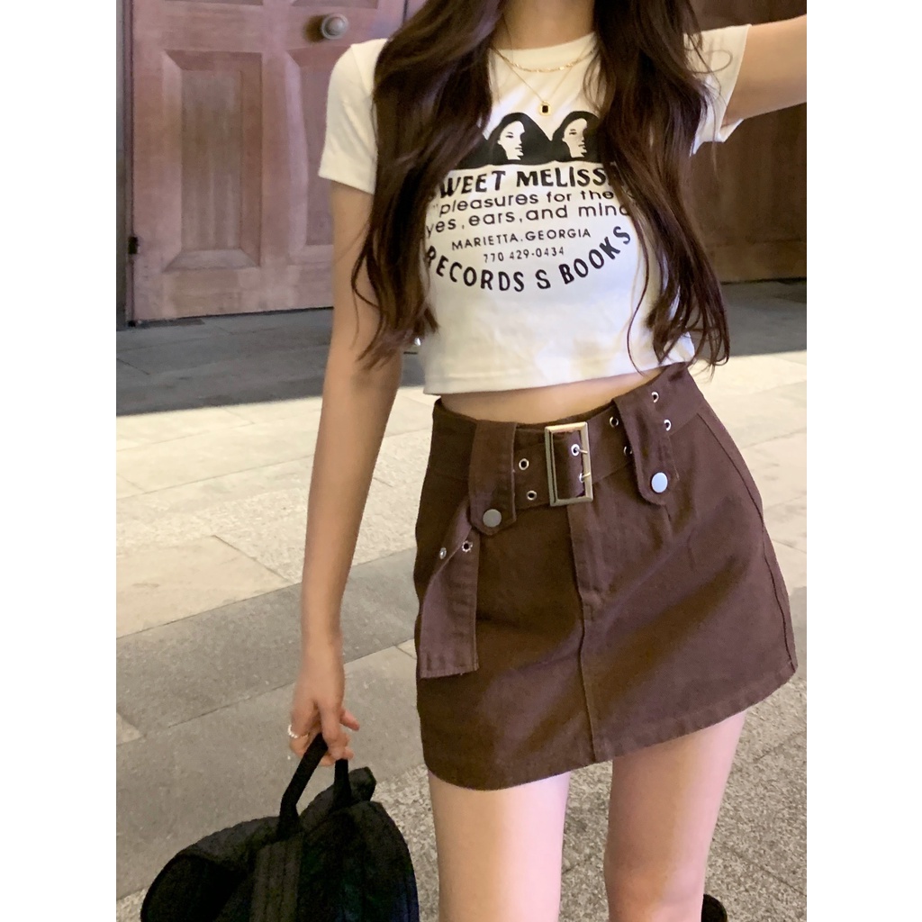 Chân Váy Ngắn Dáng Chữ A Phối Thắt Lưng Chất Jeans Dày Dặn Tone Màu Nâu Retro FREESHIP50K beechanstore