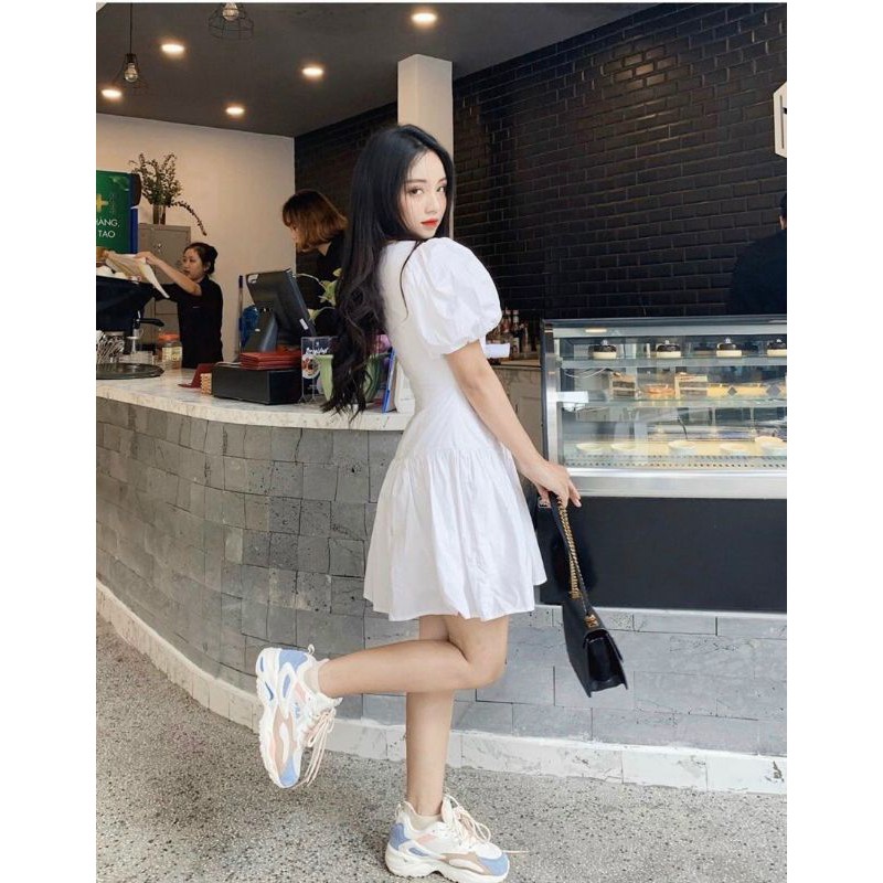 [Mã FATHANG5 giảm 10K đơn 50K] 🔥Đầm trắng dự tiệc tay bồng dây rút nút bọc thiết kế cao cấp( hành loại 1) | BigBuy360 - bigbuy360.vn