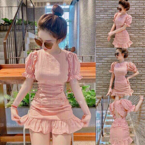 Đầm  tiểu thư nữ, đầm tay búp cổ tròn hở lưng, đầm nhún đuôi cá ôm body tôn dáng, đi chơi dự tiệc siêu sang chảnh