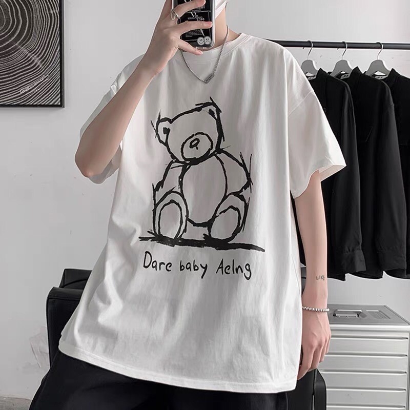 Áo phông, Áo thun unisex from rộng cổ tròn tay lỡ freesize 38-70kg - Gấu ngồi