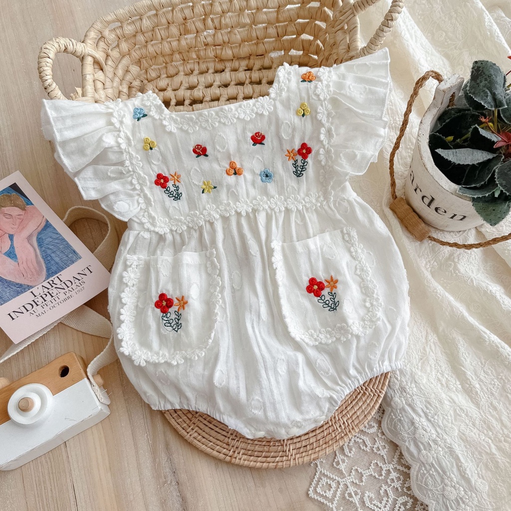 Bộ Áo Liền Quần Ngắn Tay Thêu Hoa Cho Bé Gái 0-2 Tuổi