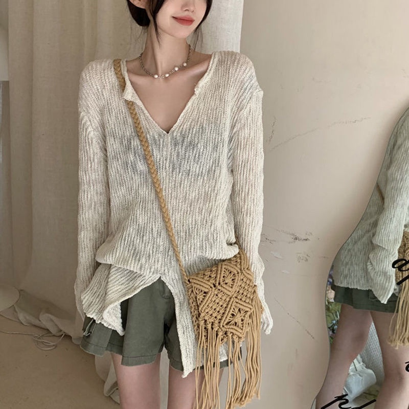 COZOKC COZOK Áo kiểu COZOK dệt kim tay dài dáng rộng thiết kế xẻ tà che nắng thời trang quyến rũ dành cho nữ