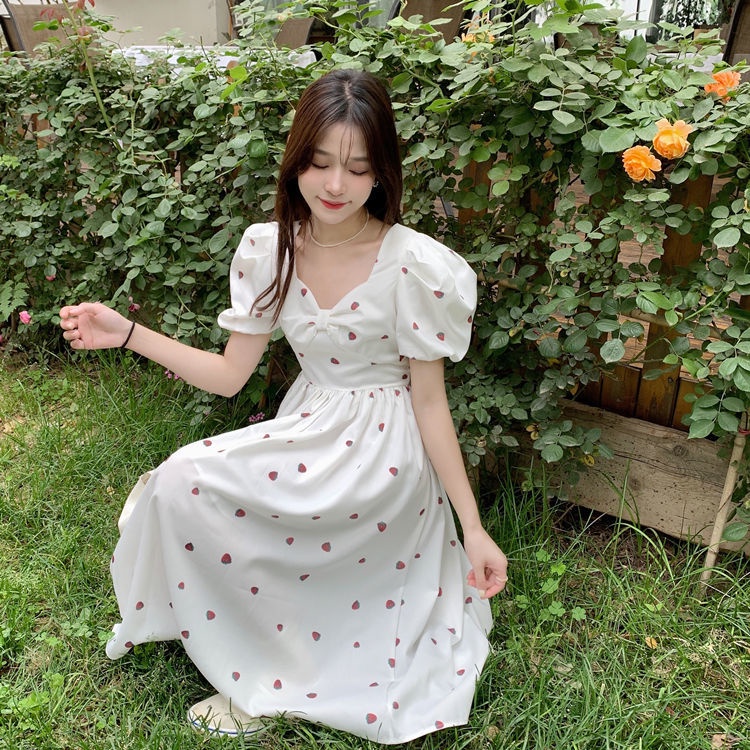 Đầm Chữ A Tay Ngắn Phồng Cổ Chữ V Ngọt Ngào Phong Cách Nhật Bản Thời Trang Mùa Hè Mới