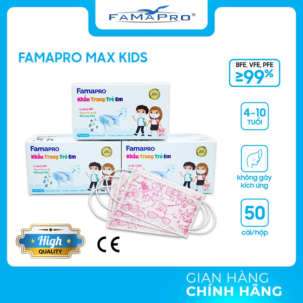 [FAMAPRO MAX KID-COMBO 3- HỘP 50 CÁI]  Khẩu trang y tế trẻ em kháng khuẩn 3 lớp Famapro max kid