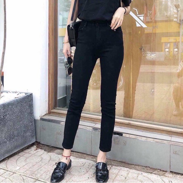 Quần jean nữ cạp cao skinny màu đen cơ bản co giãn cao cấp style basic đẹp