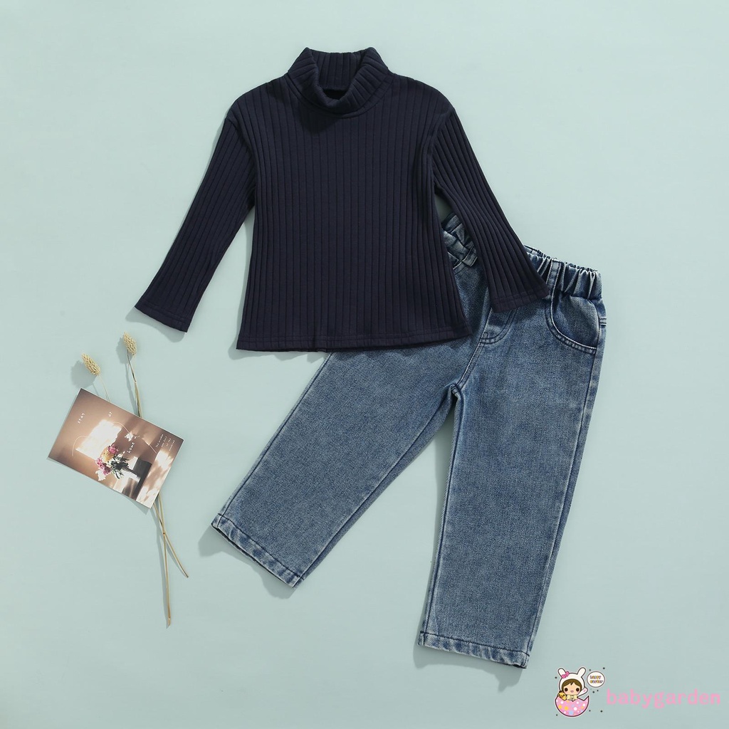 Áo Len Cổ Lọ Tay Dài Màu Trơn + Quần Denim Thời Trang Mùa Thu Cho Bé Gái 2-7 Tuổi