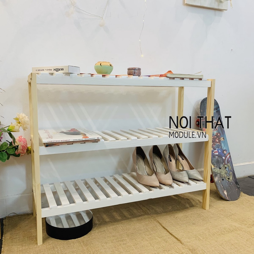 Kệ gỗ đa năng derco phòng ngủ, phòng khách 3 tầng mầu trắng kết hợp gỗ