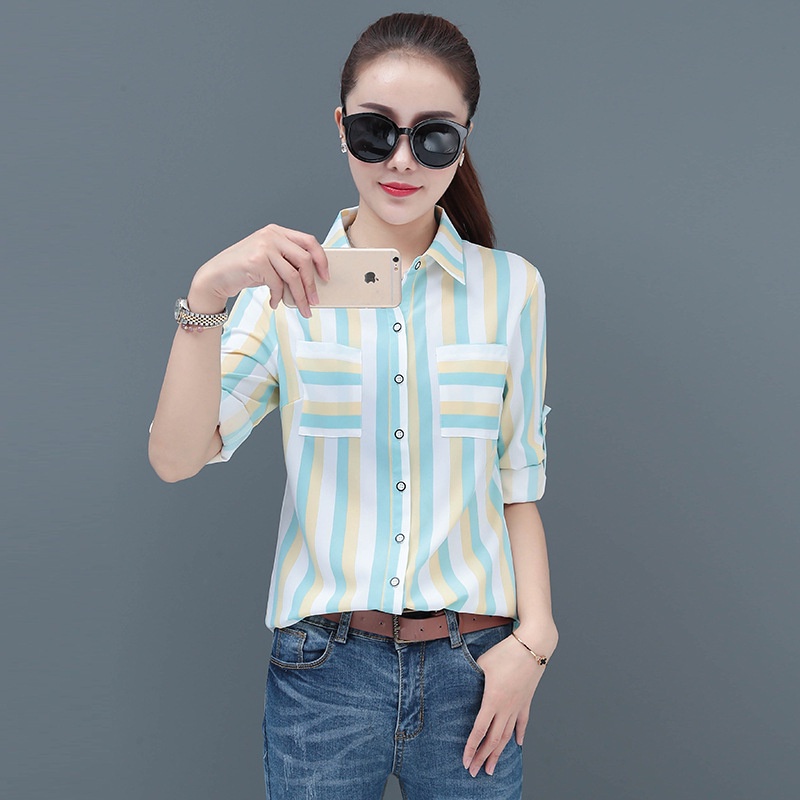 Áo Sơ Mi Dài Tay Kẻ Sọc Màu Sắc Thời Trang Cho Nữ