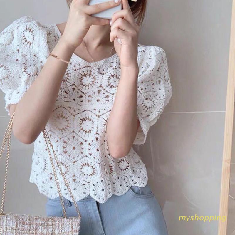 Áo Dệt Kim Tay Phồng Cổ Chữ V Dáng Ôm Thời Trang Cho Nữ