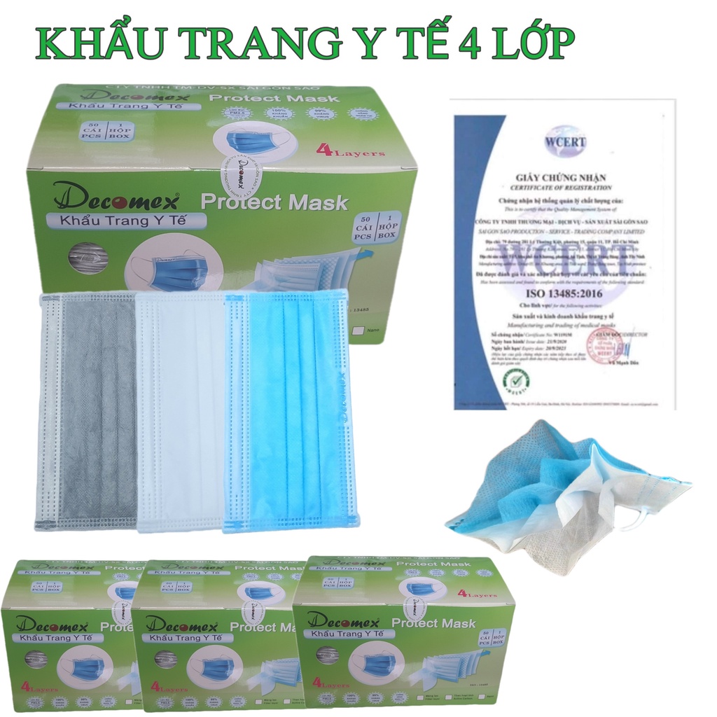 Khẩu trang y tế 4 lớp, Decomex có các màu trắng, xám, xanh( có chứng từ y tế)