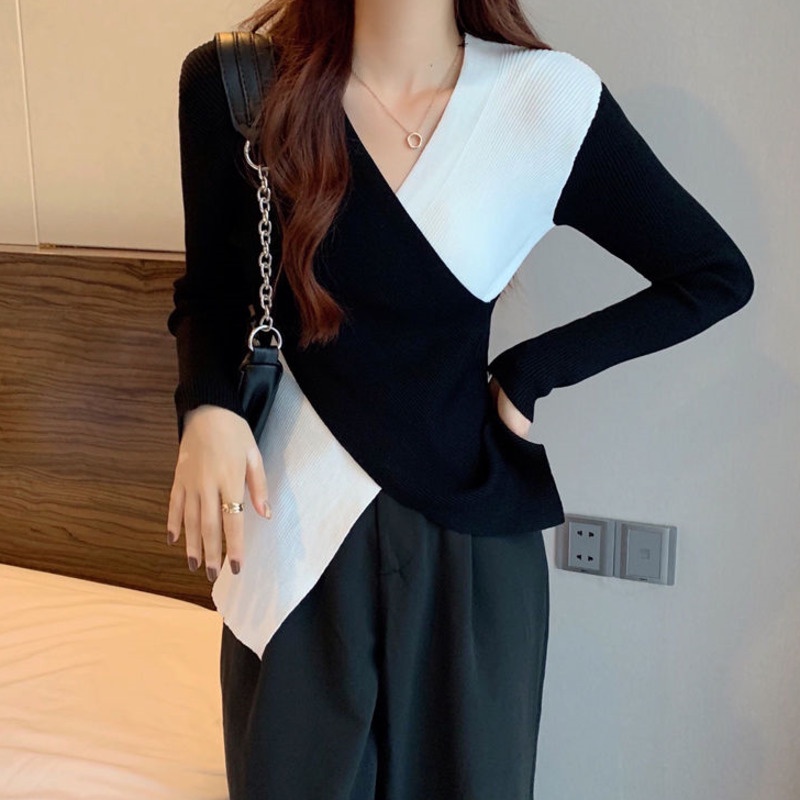 Áo len tay dài cổ chữ V màu trắng đen thời trang cho nữ