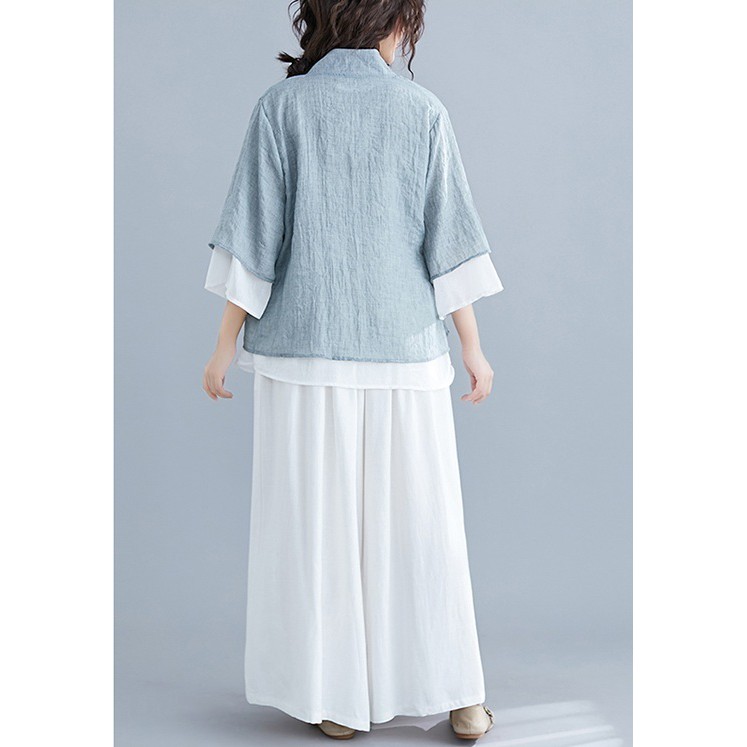 Trang phục đi lễ chùa, tập thiền & yoga Bộ quần áo nữ cổ chéo Thiền Chay 2 lớp màu (xanh lam)