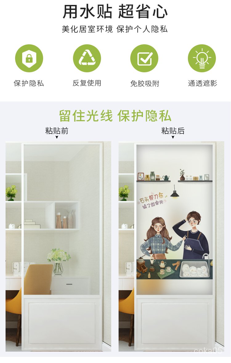 Glue-Free Static Glass Protector Paper Kitchen Sliding Door Cartoon Character Couple Transparent Opaque Window Flower Paste Food Shading