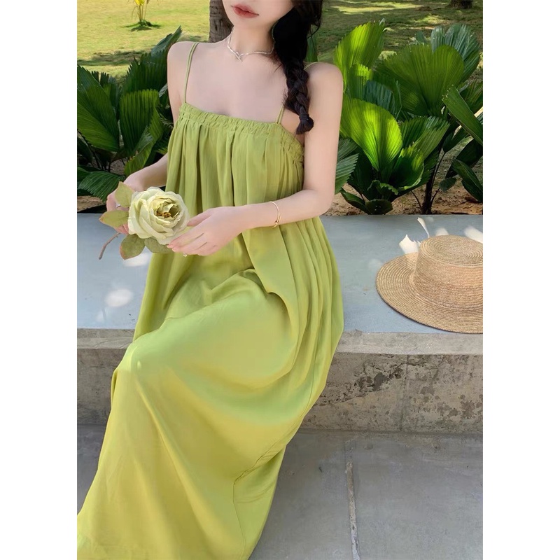 Váy hai dây maxi lụa mềm màu xanh suông xòe dài nhẹ nhàng bồng bềnh đi biển