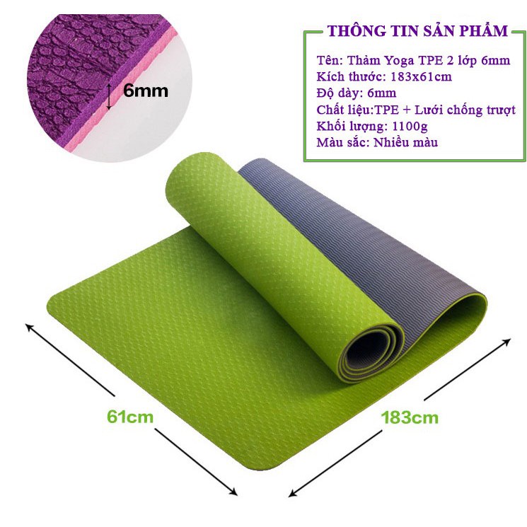 Thảm Tập Thể Dục, Thảm Tập Yoga TPE 2 Lớp 6mm Cao Cấp - Thảm Tập Yoga Tại Nhà Độ Bám Cao, Chống Trơn Trượt