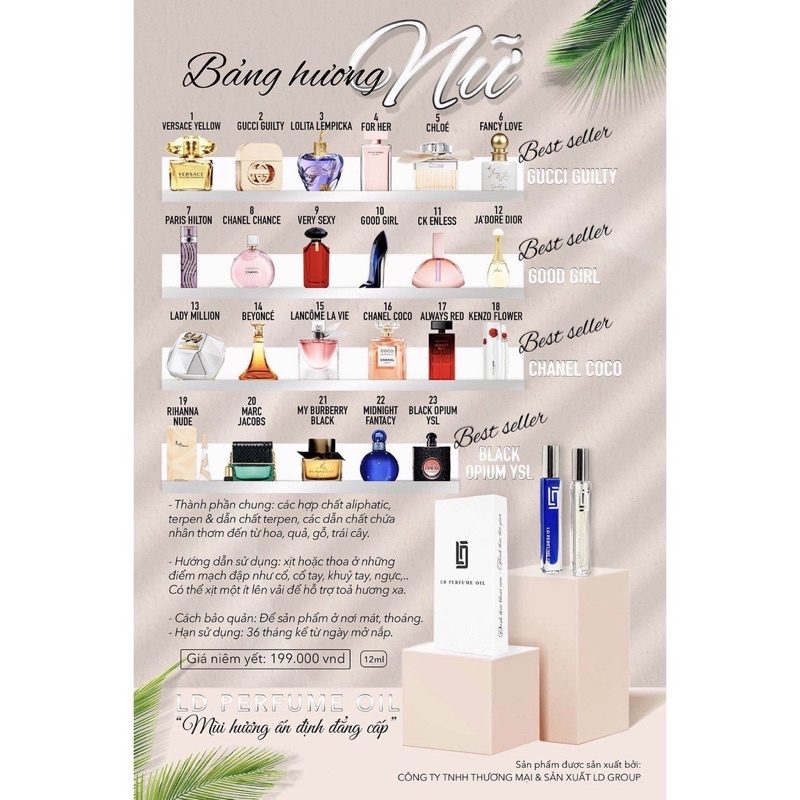 Tinh Dầu Nước Hoa Pháp LD PERFUME OIL Chính Hãng (Nữ)