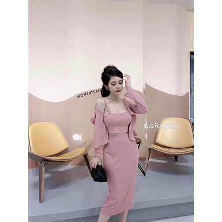 Set váy thun 3 món, set áo 2 dây kèm áo khoác cadigan ngoài mix chân váy dài, set thun ôm body sexy, mặc siêu tôn dáng
